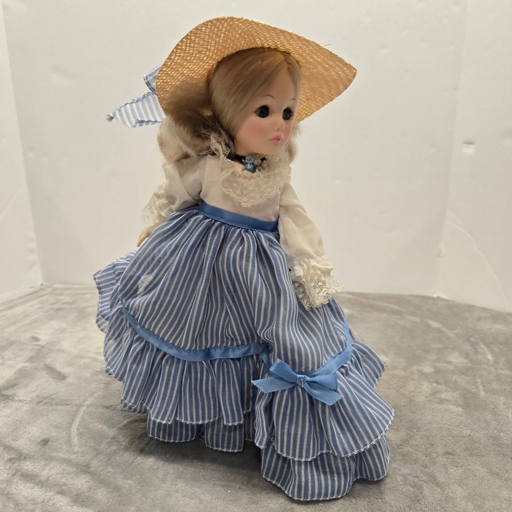 Vintage Effanbee 1976 Portrait Series Porcelain Doll Blue Striped Dress Hat 12"